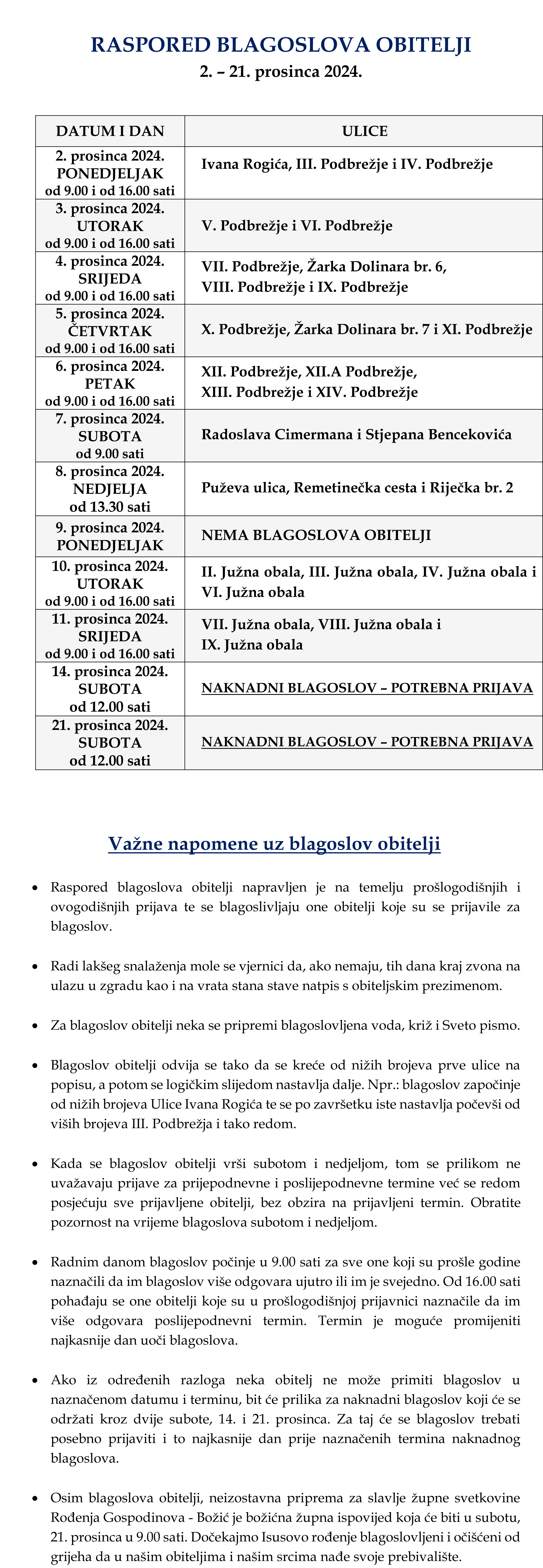 Raspored blagoslova obitelji 2024 2025